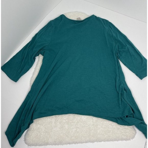 Chicos Size 3 Embroidered Peasant Top 3/4 Sleeve Tunic Asymmetric Hemline Green - Picture 2 of 9